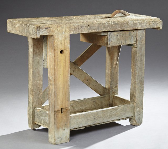 French Provincial Cabinet Maker's Workbench, 19th c.,: French Provincial Cabinet Maker's Workbench, 19th c., the thick top on block legs, to a lower galleried shelf, H.- 29 7/8 in., W.- 39 3/9 in., D.- 15 5/8 in.