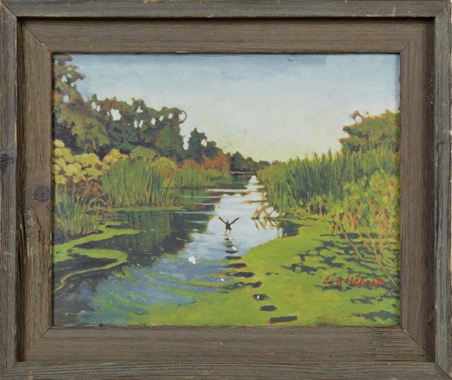 Earl Herbert, "Louisiana Bayou Scene," 2001, oil on: Earl Herbert, "Louisiana Bayou Scene," 2001, oil on canvas, signed and dated lower right, framed, H.- 10 3/8 in., W.- 13 3/8 in.