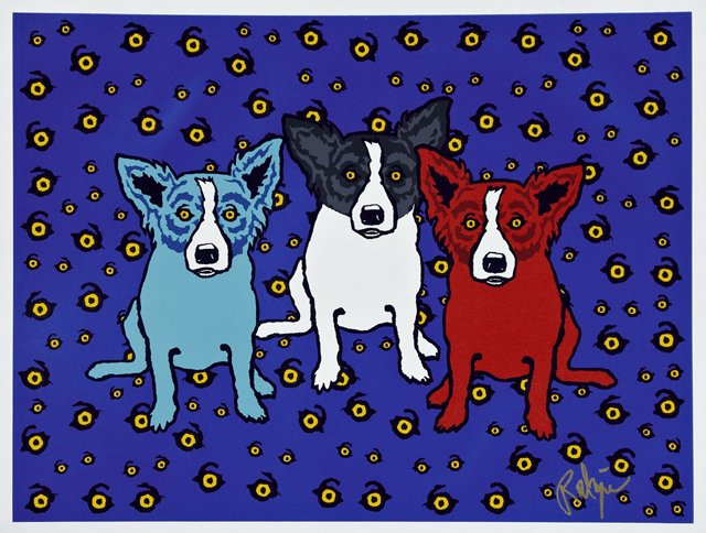 George Rodrigue (1944-2013), "Oh Say Can You See,": George Rodrigue (1944-2013), "Oh Say Can You See," 1993, silkscreen, gold pen signed l.r., shrink wrapped, H.- 25 1/4 in., W.- 32 1/2 in.