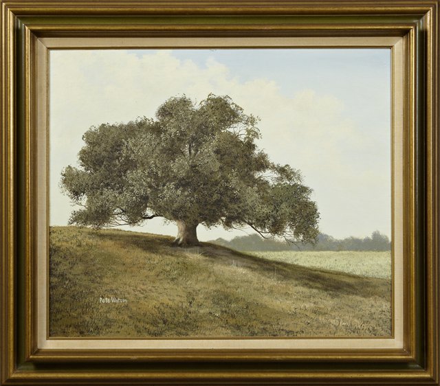 Pete Watson (Louisiana), "Lone Oak on a Hill," 20th c.,: Pete Watson (Louisiana), "Lone Oak on a Hill," 20th c., oil on masonite, signed l.l., framed, H.- 19 3/4 in., W.- 23 3/4 in.