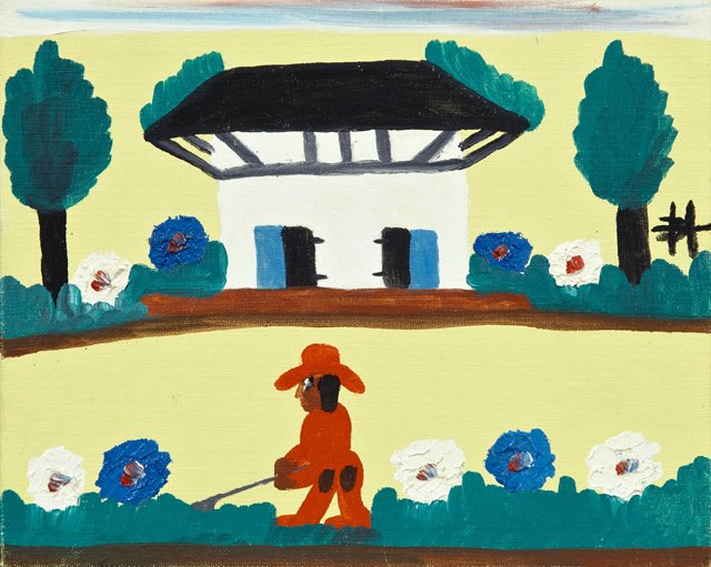 Clementine Hunter (1886-1988), "Gardener in Front of: Clementine Hunter (1886-1988), "Gardener in Front of the Africa House, Melrose Plantation," c. 1980, oil on board, signed right center, unframed, H.- 8 in., W.- 10 in.