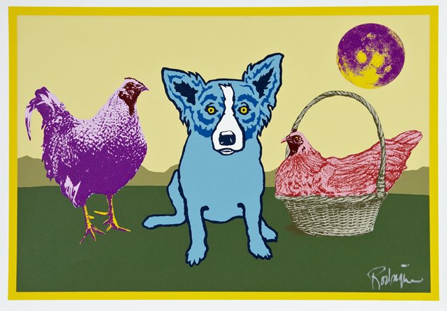 George Rodrigue (1944-2013), "Chicken in a Basket,": George Rodrigue (1944-2013), "Chicken in a Basket," 1993, silkscreen, silver pen signed l.r., H.- 25 1/4 in., W.- 35 3/8 in.