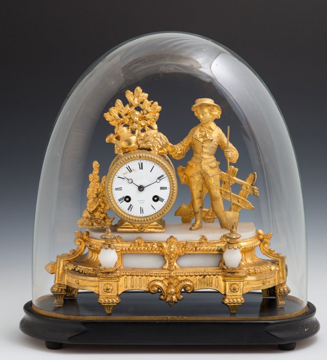 French Gilt Spelter and Alabaster Figural Mantle Clock,: French Gilt Spelter and Alabaster Figural Mantle Clock, 19th c., with a figure of a gardener next to a drum clock with floral and watering can support, on an alabaster inset stepped base on six feet,