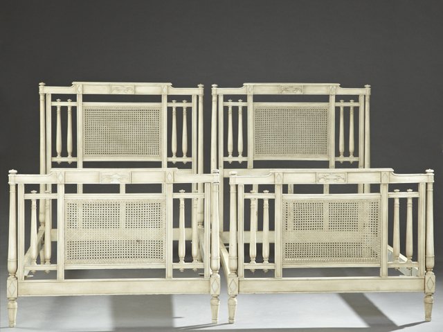 Pair of French Louis XVI Style Polychromed Single Beds,: Pair of French Louis XVI Style Polychromed Single Beds, 20th c., with caned and spindled head and foot boards, H.- 48 1/2 in., Interior W.- 39 in., Interior D.- 76 1/2 in.