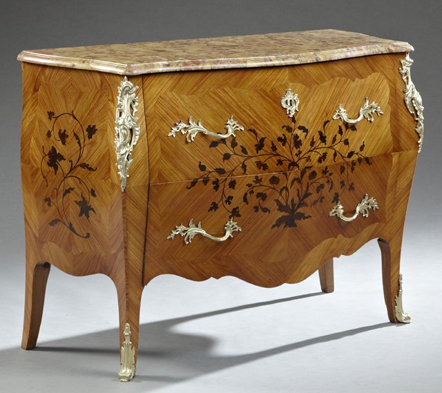 French Louis XV Style Ormolu Mounted Marquetry Inlaid: French Louis XV Style Ormolu Mounted Marquetry Inlaid Rosewood Bombe Commode, 20th c., the serpentine ocher breche d'aleps marble over two marquetry inlaid drawers and like inlaid sides, flanked by or