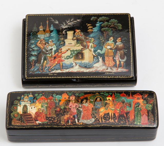 Two Hand-Painted Russian Lacquered Dresser Boxes, one: Two Hand-Painted Russian Lacquered Dresser Boxes, one dated 1996 and signed, both painted with scenes from Russian fairy tales, Larger- H.- 1 3/4 in., W.- 6 5/8 in., D.- 2 in.