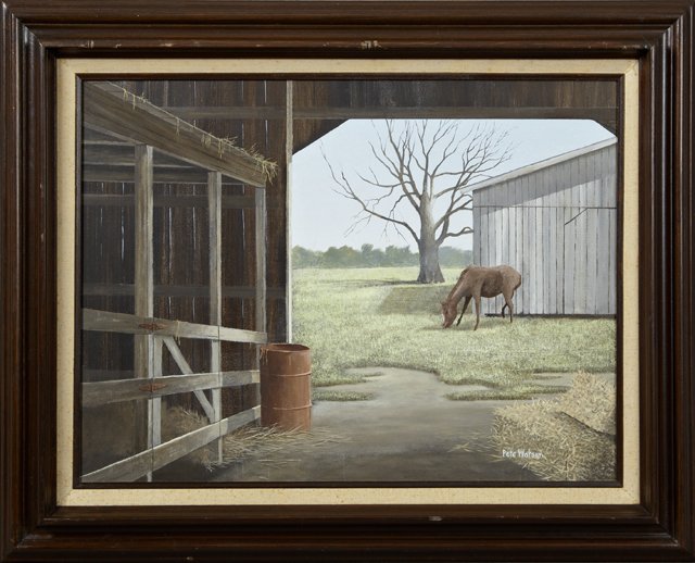Pete Watson (Louisiana), "Horse Grazing Near the Barn,": Pete Watson (Louisiana), "Horse Grazing Near the Barn," 20th c., oil on masonite, signed l.r., framed, H.- 17 5/8 in., W.- 23 1/2 in.