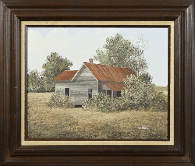 Pete Watson (Louisiana), "Red Roofed Farmhouse," 20th: Pete Watson (Louisiana), "Red Roofed Farmhouse," 20th c., oil on masonite, signed l.r., framed, H.- 18 5/8 in., W.- 15 3/4 in.