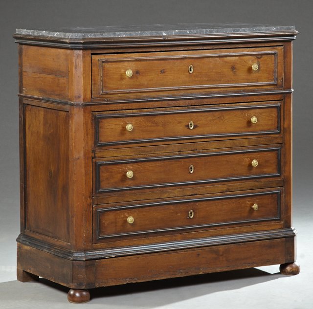 French Louis Philippe Carved Pine Commode, 19th c., the: French Louis Philippe Carved Pine Commode, 19th c., the inset canted corner highly figured marble over a frieze drawer above three drawers, flanked by chamfered stiles over a "secret" drawer, on ball 