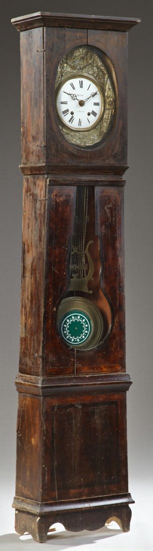 French Provincial Louis XV Style Polychromed Pine Tall: French Provincial Louis XV Style Polychromed Pine Tall Case Clock, 19th c., the stepped crown over an oval window opening to a brass repousse face and enamel painted dial, above a pendulum window open