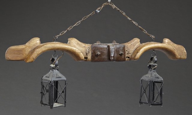 French Provincial Two Light Hanging Light, 20th c.,: French Provincial Two Light Hanging Light, 20th c., constructed from a wood and steel oxen yoke, now with two pendant iron lanterns, H.- 7 1/2 in., W.- 48 in., D.- 6 1/2 in., With Lanterns- H.- 15 1/2