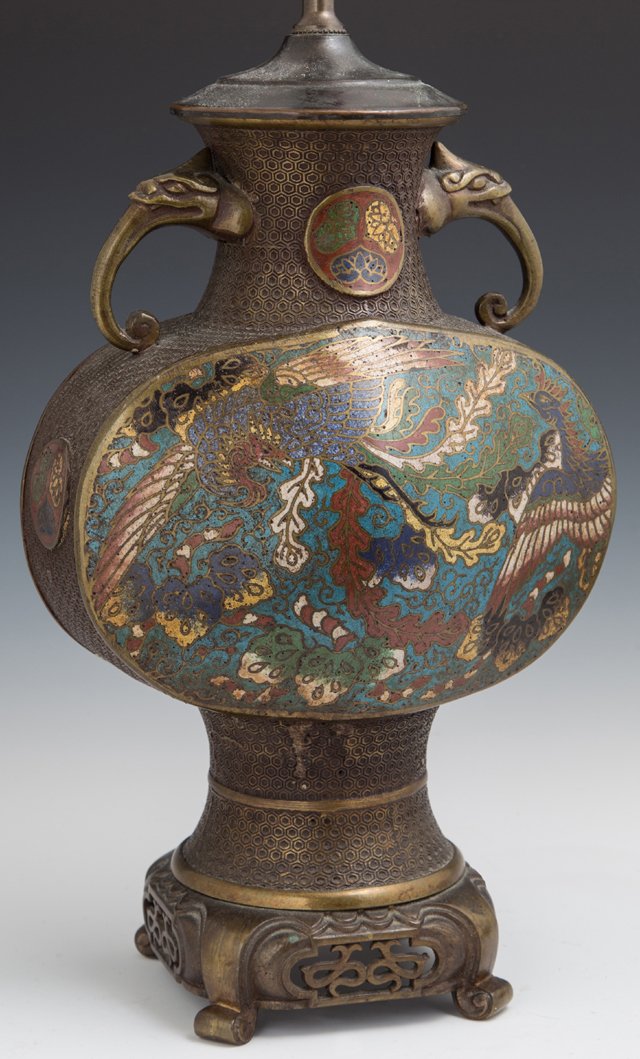Oriental Bronze Champleve Vase, early 20th c., with: Oriental Bronze Champleve Vase, early 20th c., with elephants' head handles and floral and bird decoration, now mounted on a pierced base as a lamp, H.- 15 in., W.- 9 in., D.- 6 1/4 in.