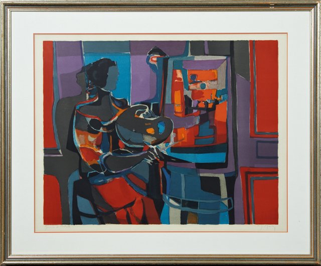 Marcel Mouly (1918-2008), "Artist at Work," 20th c.,: Marcel Mouly (1918-2008), "Artist at Work," 20th c., lithograph, Artist's Proof, pencil marked "Epreuve d'Artiste" l.l. margin, pencil signed l.r. margin, framed, H.- 24 in., W.- 31 1/4 in.