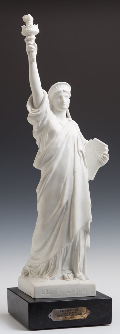 "Liberte Cherie," after Bartholdi, fabrique par: "Liberte Cherie," after Bartholdi, fabrique par Chastagner, No. 473, edition Sophie Lescot, parian figure, mounted on an ebonized base, H.- 21 1/2 in., W.- 5 7/8 in., D.- 5 7/8 in.