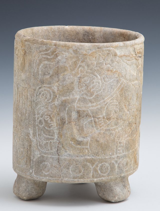 Pre-Columbian Mayan Carved Alabaster Cylindrical Vase,: Pre-Columbian Mayan Carved Alabaster Cylindrical Vase, with incised figural decoration, from Honduras, H.- 8 1/8 in., Dia.- 6 5/8 in.