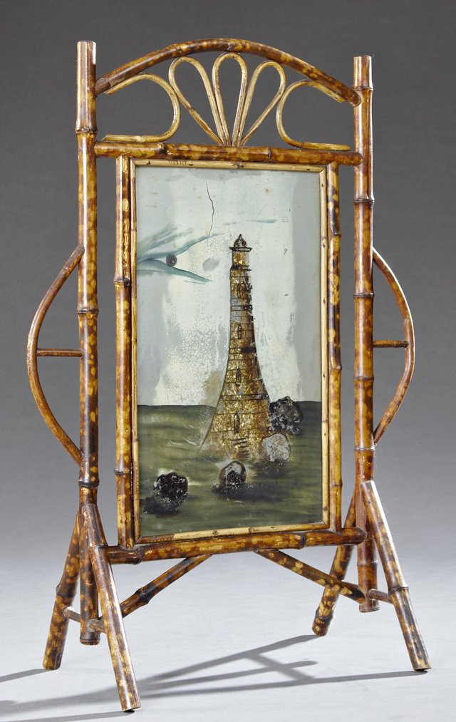 Anglo-Chinese Bamboo Eglomise Fire Screen, early 20th: Anglo-Chinese Bamboo Eglomise Fire Screen, early 20th c., the pierced frame around a painted lighthouse plate, on a trestle base, H.- 34 in., W.- 23 1/2 in., D.- 11 1/2 in.