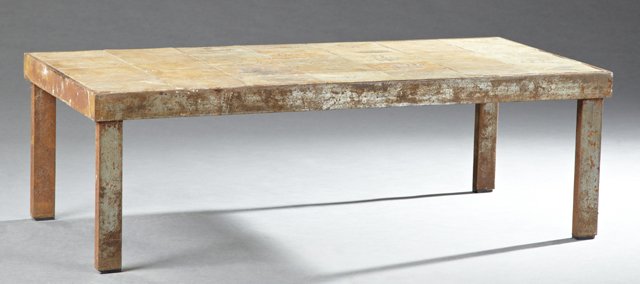 Roger Capron (1922-2006, France), Vallauris,: Roger Capron (1922-2006, France), Vallauris, mid-century modern coffee table, c. 1970, with a botanical imprinted glazed stoneware inset top within a steel edge on square steel legs, signed in a corne
