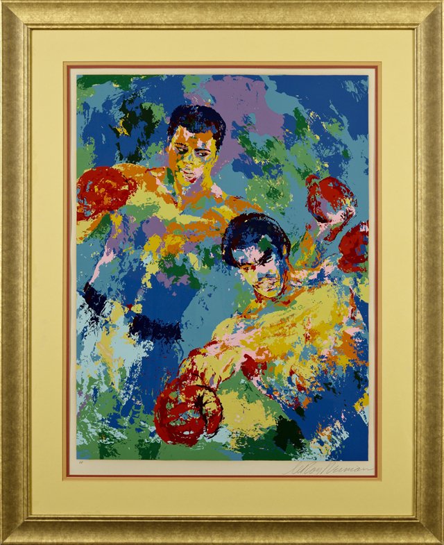 Leroy Neiman, (1921--), "Muhammad Ali and George: Leroy Neiman, (1921--), "Muhammad Ali and George Foreman," c. 1975, serigraph, artist's proof, pencil marked "AP" l.l. margin, pencil signed l.r. margin, framed, depicting their match in Zaire, "The R