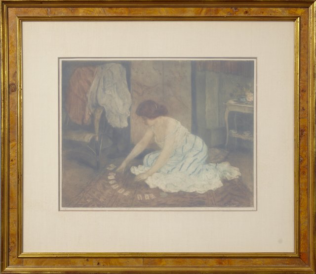 Manuel Robbe (1872-1936, French), "La Bonne Adventure: Manuel Robbe (1872-1936, French), "La Bonne Adventure (Solitaire)," early 20th c., aquatint, pencil signed l.r., marked "No. 3" l.l. margin, framed, H.- 15 3/8 in., W.- 20 in.