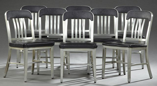 Set of Eight American Modern Industrial Aluminum Side: Set of Eight American Modern Industrial Aluminum Side Chairs, mid 20th c., by Goodform, with tablet form crests over vertical splats above square seats, on tapered square legs, in black vinyl upholste