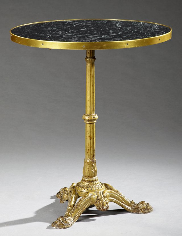French Louis XIV Style Cast Iron Bistro Table, 20th c.,: French Louis XIV Style Cast Iron Bistro Table, 20th c., the circular verde antico faux marble top within a brass band, on a tapered fluted iron support to tripodal dolphin form cabriole legs, H.- 28 1