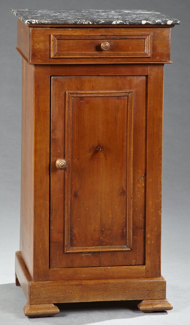 French Louis Philippe Carved Walnut Marble Top: French Louis Philippe Carved Walnut Marble Top Nightstand, 19th c., the highly figured black marble, over a frieze drawer above a cupboard door, on a plinth base on ogee feet, H.- 30 1/2 in., W.- 16 i