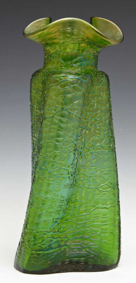 Loetz Style Iridescent Green Triangular Blown Glass (1 of 1)