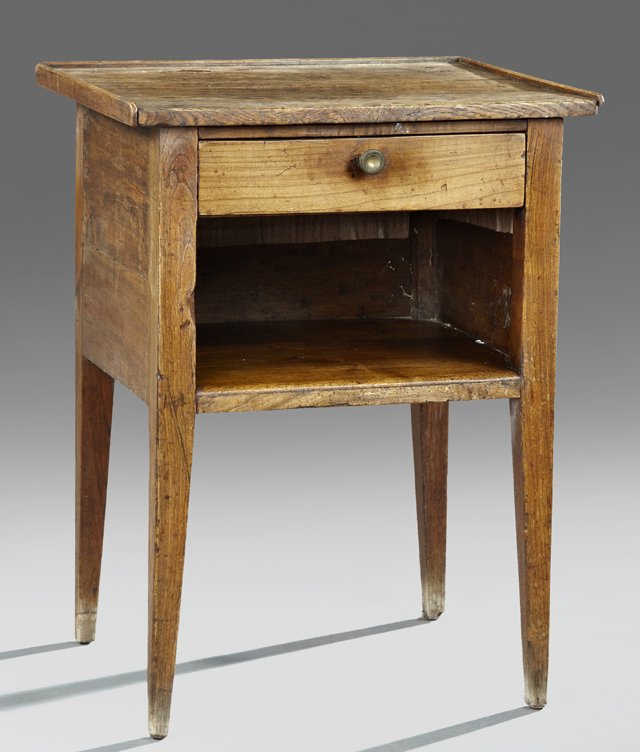French Provincial Carved Elm Nightstand, 19th c., the: French Provincial Carved Elm Nightstand, 19th c., the three-quarter galleried rectangular top over a frieze drawer above open storage on square tapered legs, H.- 27 1/2 in., W.- 21 1/4 in., D.- 18 7/8