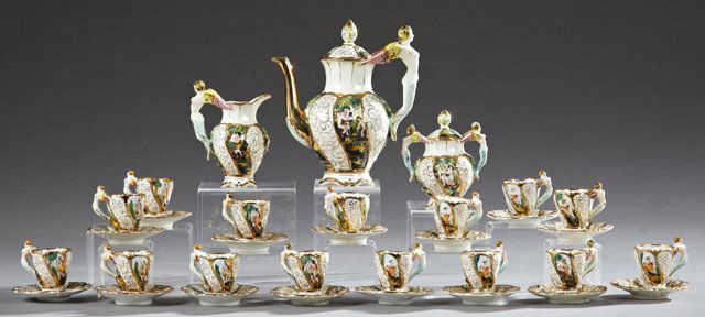 Thirty-Three Piece Capodimonte Porcelain Tea Service,: Thirty-Three Piece Capodimonte Porcelain Tea Service, 20th c., consisting of a tea pot, covered sugar, creamer, 15 cups and 15 saucers, the three serving pieces and the cups with nude winged mermaid h