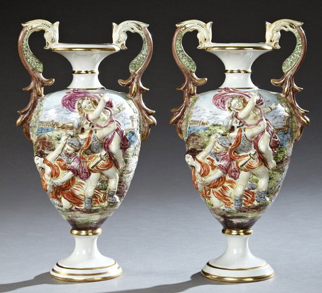 Pair of Large Capodimonte Baluster Footed Vases, 20th (1 of 2)