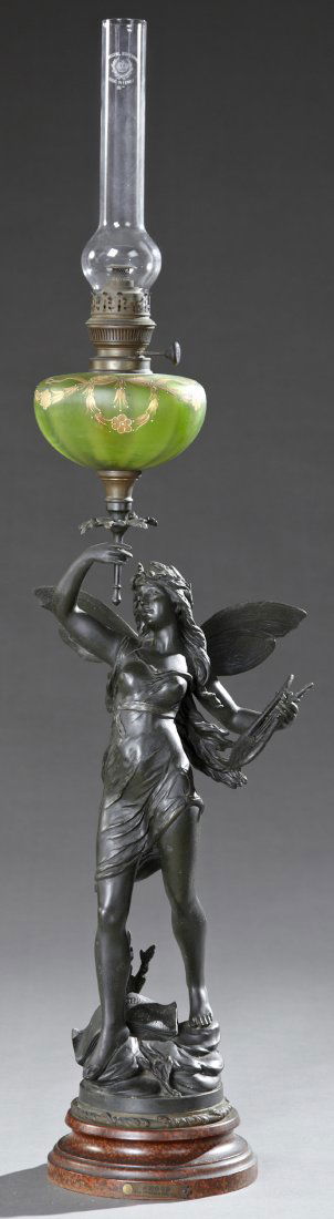Patinated Spelter Figural Oil Lamp, 19th c., with a (1 of 1)