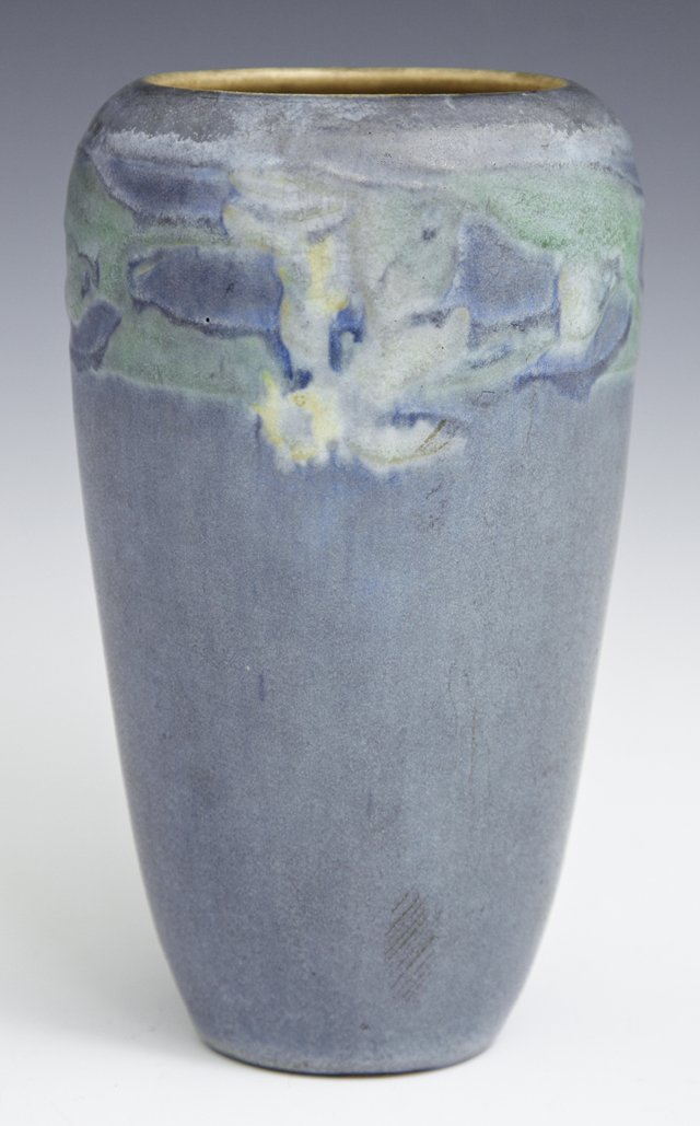 Newcomb College Matte Glaze Art Pottery Tapered Vase,: Newcomb College Matte Glaze Art Pottery Tapered Vase, 1924, by Sadie Irvine, thrown by Joseph Meyer, with relief floral decoration around the rim, the underside with the Newcomb cypher, JM, SI, NU69, 