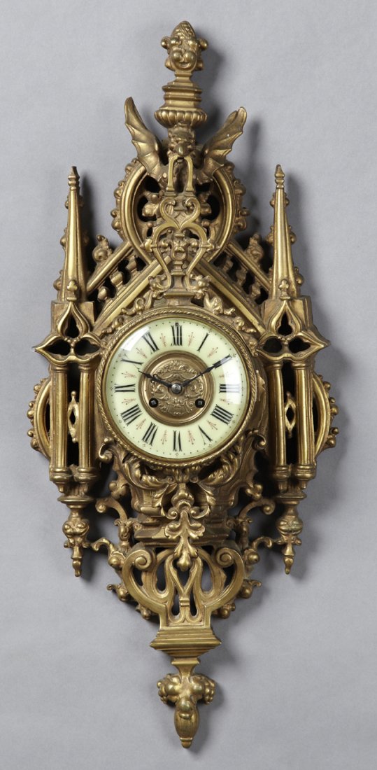 French Bronze Gothic Style Cartel Clock, 19th c., time (1 of 1)