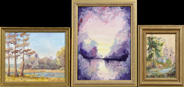 Three Louisiana Paintings - "Bayou Scene," 2003, oil on: Three Louisiana Paintings - "Bayou Scene," 2003, oil on board, signed l.r.; Charles Tucker, "Louisiana Bayou Scene," oil on board; and Jane Givens, "Purple Sunrise on the Bayou," oil on board, signed