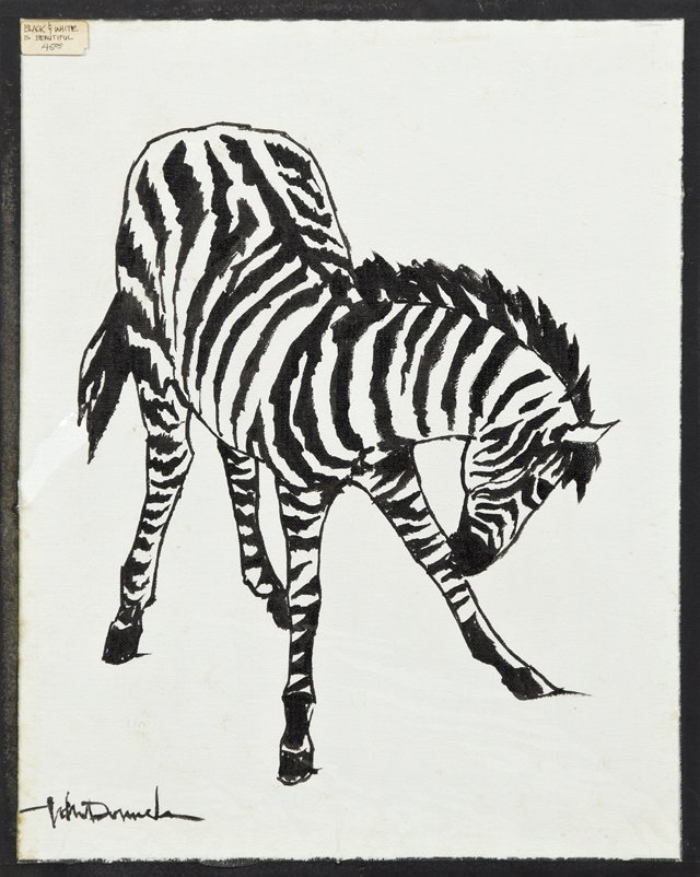 Johnny Donnels (1954-2009), "Zebra," 20th c., oil on: Johnny Donnels (1954-2009), "Zebra," 20th c., oil on board, signed l.l., shrink wrapped, H.- 19 in., W.- 15 in.