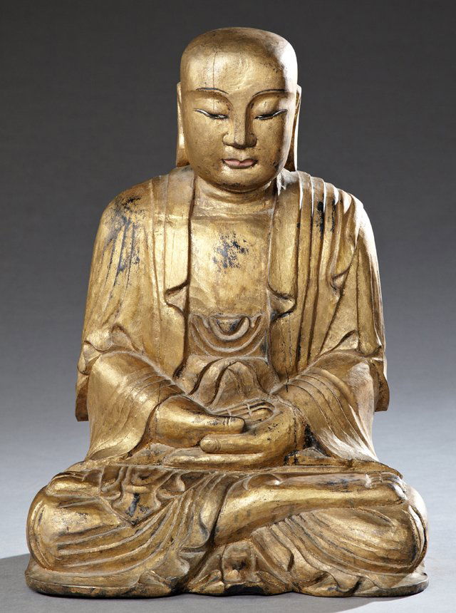Large Oriental Carved Gilt Wood Seated Buddha, early (1 of 8)