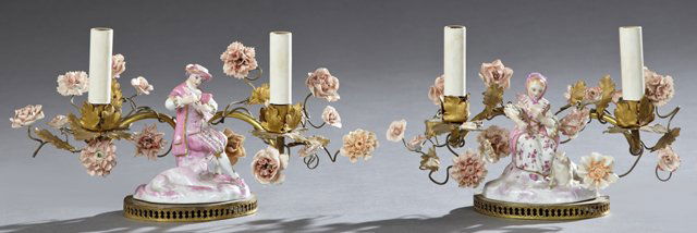 Pair of French Style Figural Porcelain Two Light Table (1 of 8)