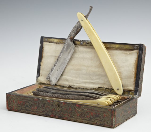 Unusual Cased Set of Seven French "Days of the Week": Unusual Cased Set of Seven French "Days of the Week" Straight Razors, 19th c., by Sommelet-Dantan & Cie., with bone handles, in the original Boulle presentation box, each blade engraved with the day o