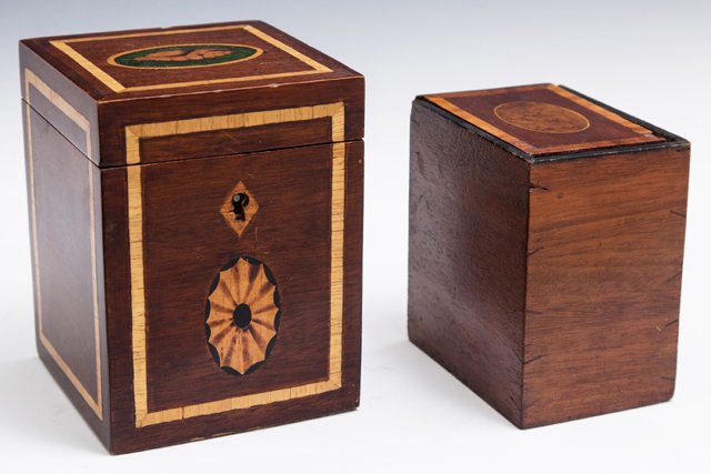 Two Diminutive English Inlaid Mahogany Tea Caddies, (1 of 2)