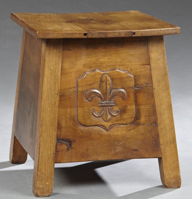 French Provincial Carved Oak and Beech Kitchen Salting: French Provincial Carved Oak and Beech Kitchen Salting Tub, 19th c., the square top lifting to interior storage, on a trapezoidal base on square legs centered by a carved fleur-de-lis decoration, H.-