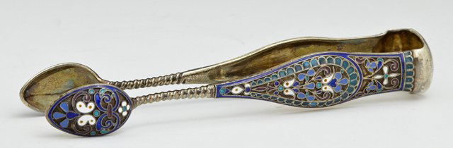 Pair of Russian Enameled Sugar Tongs, 19th c., by Antip (1 of 7)