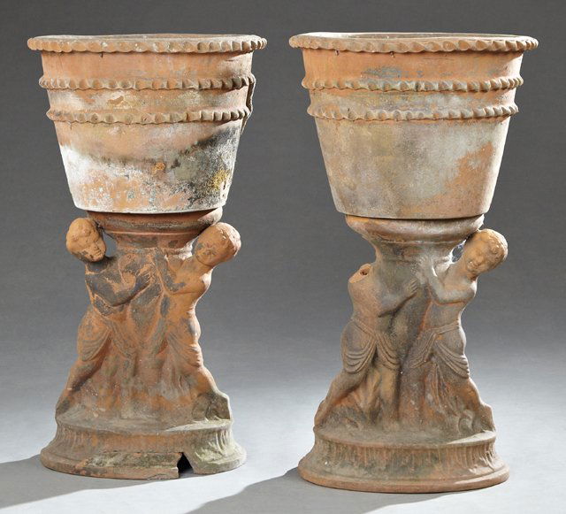 Pair of Roman Style Cast Terracotta Planters on Stands, (1 of 1)