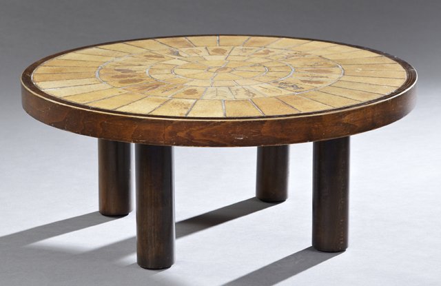 Roger Capron(1922-2006, France), Vallauris, mid-century: Roger Capron(1922-2006, France), Vallauris, mid-century modern carved birch coffee table, c. 1970, with a botanical imprinted glazed stoneware tile top within a wide edge on four cylindrical legs, sig