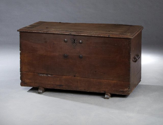 French Provincial Carved Oak and Iron Coffer, early (1 of 1)