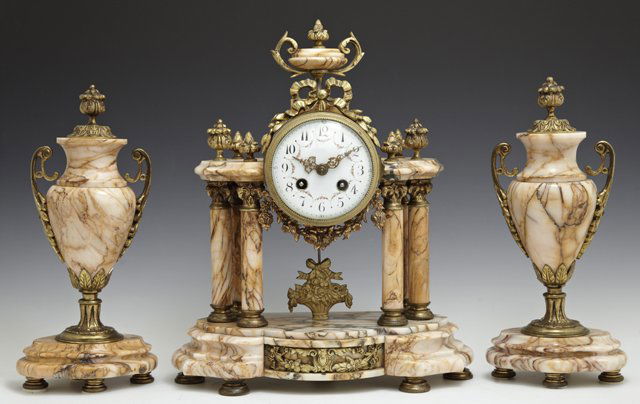 Louis XV Style Bronze and Marble Three Piece Clock Set, (1 of 1)