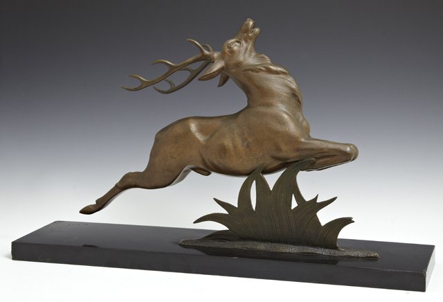 E. Guy, "Leaping Stag," c. 1940, art deco patinated (1 of 2)