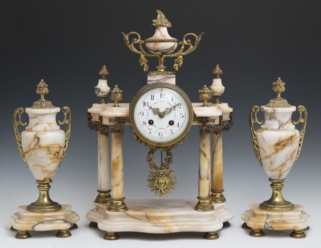 Louis XVI Style Three Piece Gilt Bronze and Pink Marble (1 of 1)