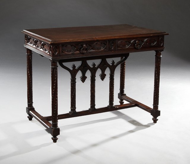 French Gothic Revival Carved Walnut Writing Table, 19th (1 of 6)