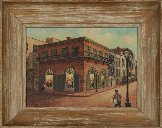 W. Watson, "Old Absinthe House," 20th c., oil on board,: W. Watson, "Old Absinthe House," 20th c., oil on board, signed l.l., titled verso, presented in a wide washed cypress frame, H.- 11 1/4 in., W.- 15 1/4 in.