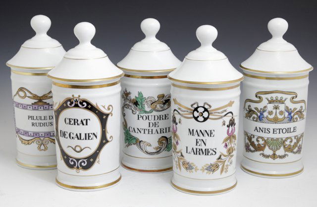 Group of Ten Limoges Covered Apothecary Jars, 20th c., (1 of 2)